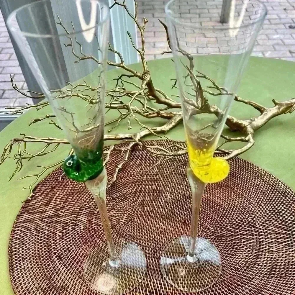 Murano Art Glass Crystal Champagne Flutes 1 Cobalt blue & 1 yellow Escargot